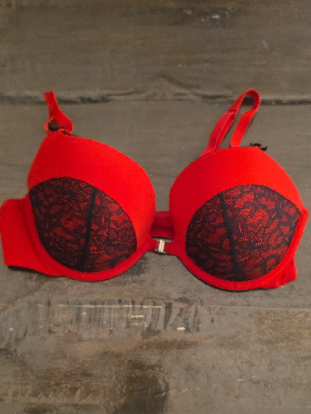(36C) La SENZA Red Black Lace Front-Closure Push-Up Bra Beyond Cleavage Feminine